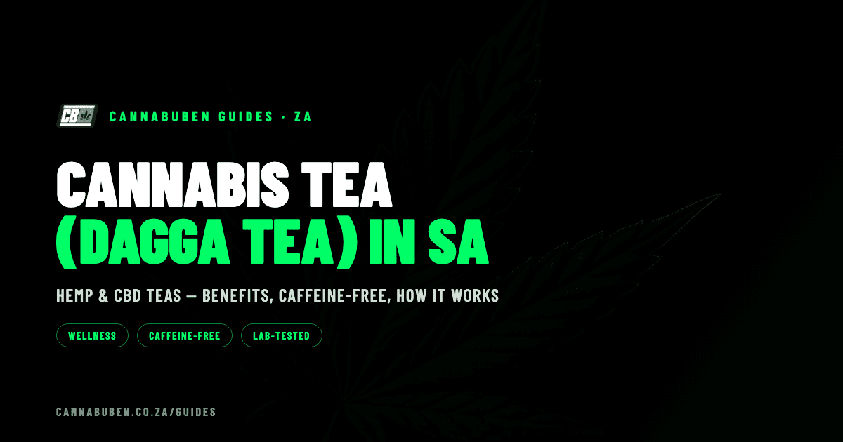 Dark editorial banner reading "Cannabis tea (dagga tea) in SA" with a green cannabis-leaf motif — Cannabuben guides