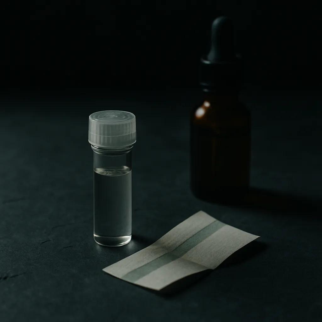 Still-life of a small clinical specimen vial, a folded paper test strip and an amber dropper out-of-focus, on dark slate