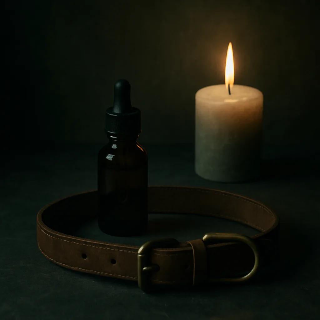 Still-life of a leather dog collar, an amber dropper bottle and a single lit candle in soft background on dark slate