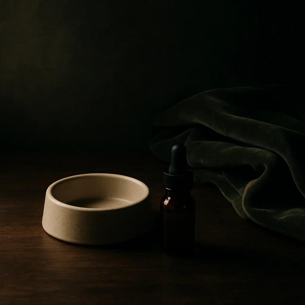 Still-life of a small ceramic feeding bowl, a tiny amber dropper bottle and a folded velvet blanket on dark walnut