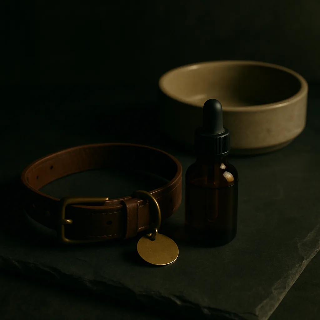 Still-life of a leather dog collar with a brass tag, an amber dropper and a soft ceramic feeding bowl on dark slate
