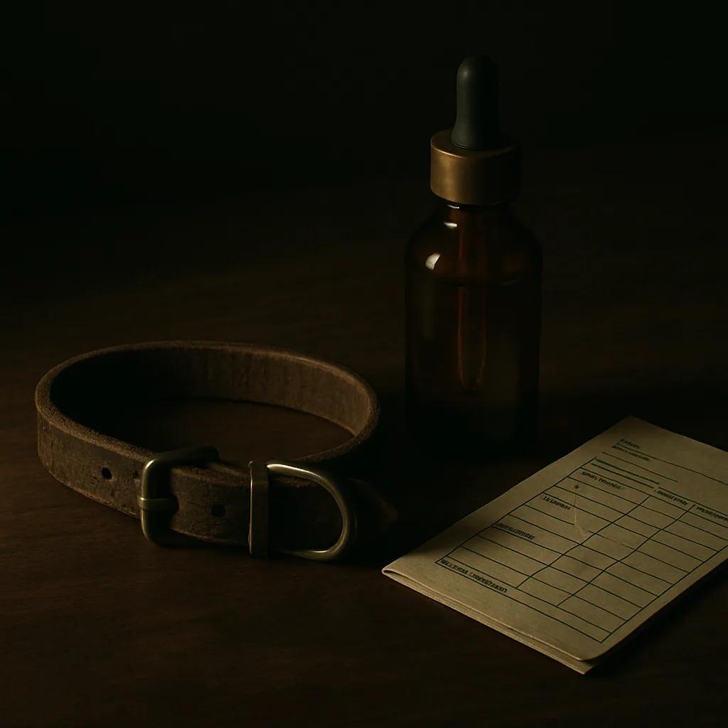 Still-life of a worn leather dog collar, an amber bottle with a brass dropper cap and a folded vet-record paper on dark walnut