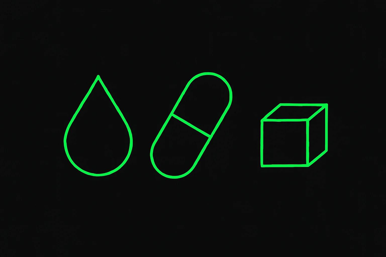 Three abstract green silhouettes — droplet, capsule, cube — arranged in a horizontal row — Cannabuben editorial illustration