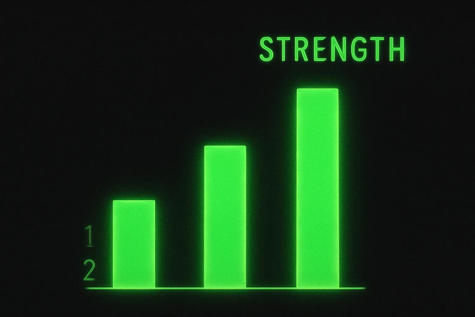 Three vertical green bars at increasing heights representing CBD strength levels — Cannabuben editorial illustration