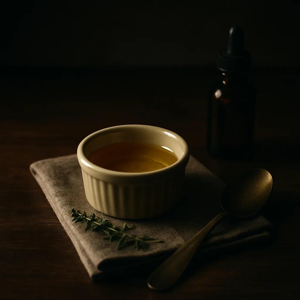 Still-life of a small ceramic ramekin of golden infused butter on folded linen, a brass spoon and a sprig of thyme on dark walnut