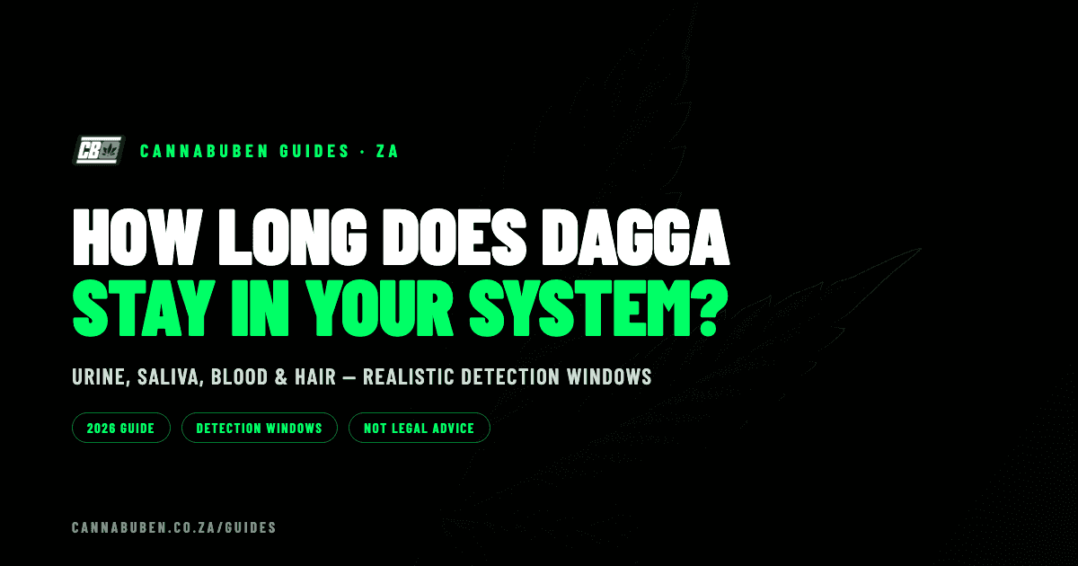 Dark editorial banner reading "How long does dagga stay in your system?" with a green cannabis-leaf motif — Cannabuben guides