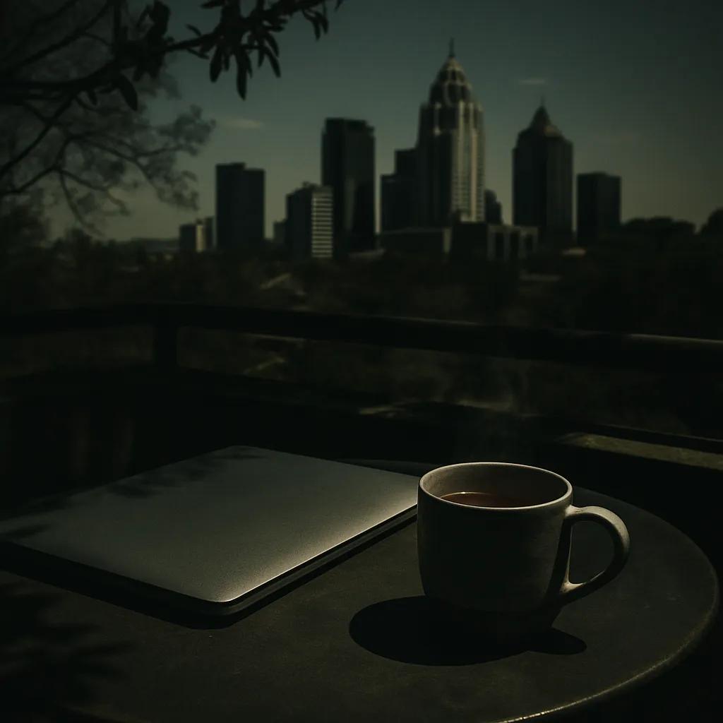 Closed laptop and a rooibos teacup on a rooftop table with the Sandton skyline of Johannesburg in the background