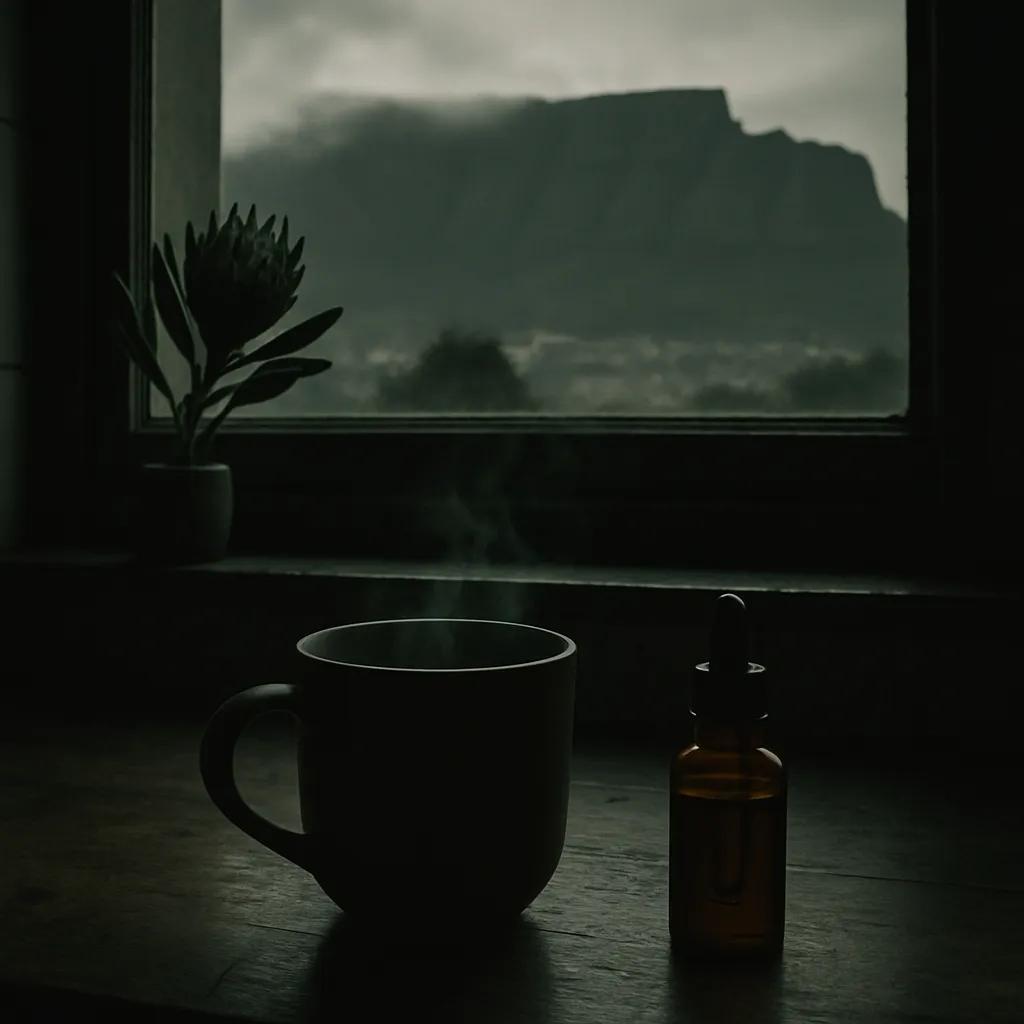 Coffee mug and amber CBD dropper bottle on a kitchen counter with Table Mountain visible through the window
