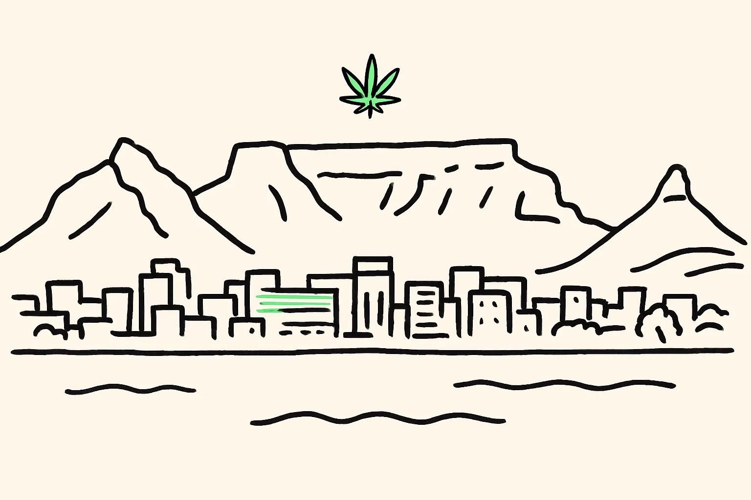 Line-art illustration of Cape Town with Table Mountain, the city bowl skyline and the ocean