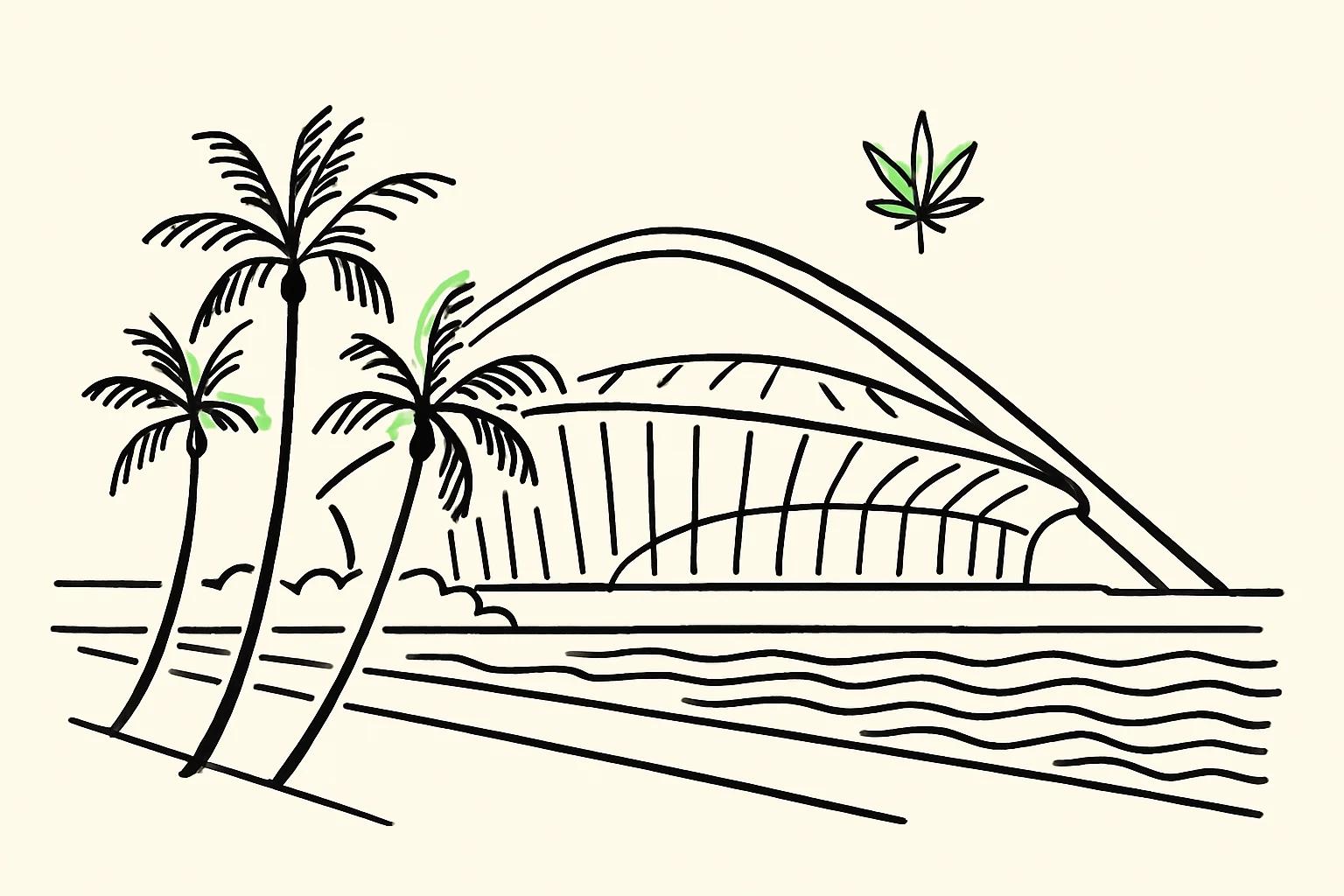 Line-art illustration of Durban with the Moses Mabhida Stadium arch, beach palms and the Indian Ocean