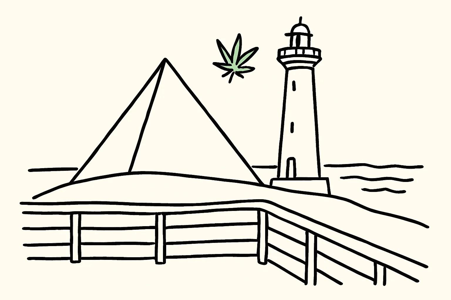 Line-art illustration of Gqeberha with the Donkin Reserve lighthouse, pyramid and ocean horizon