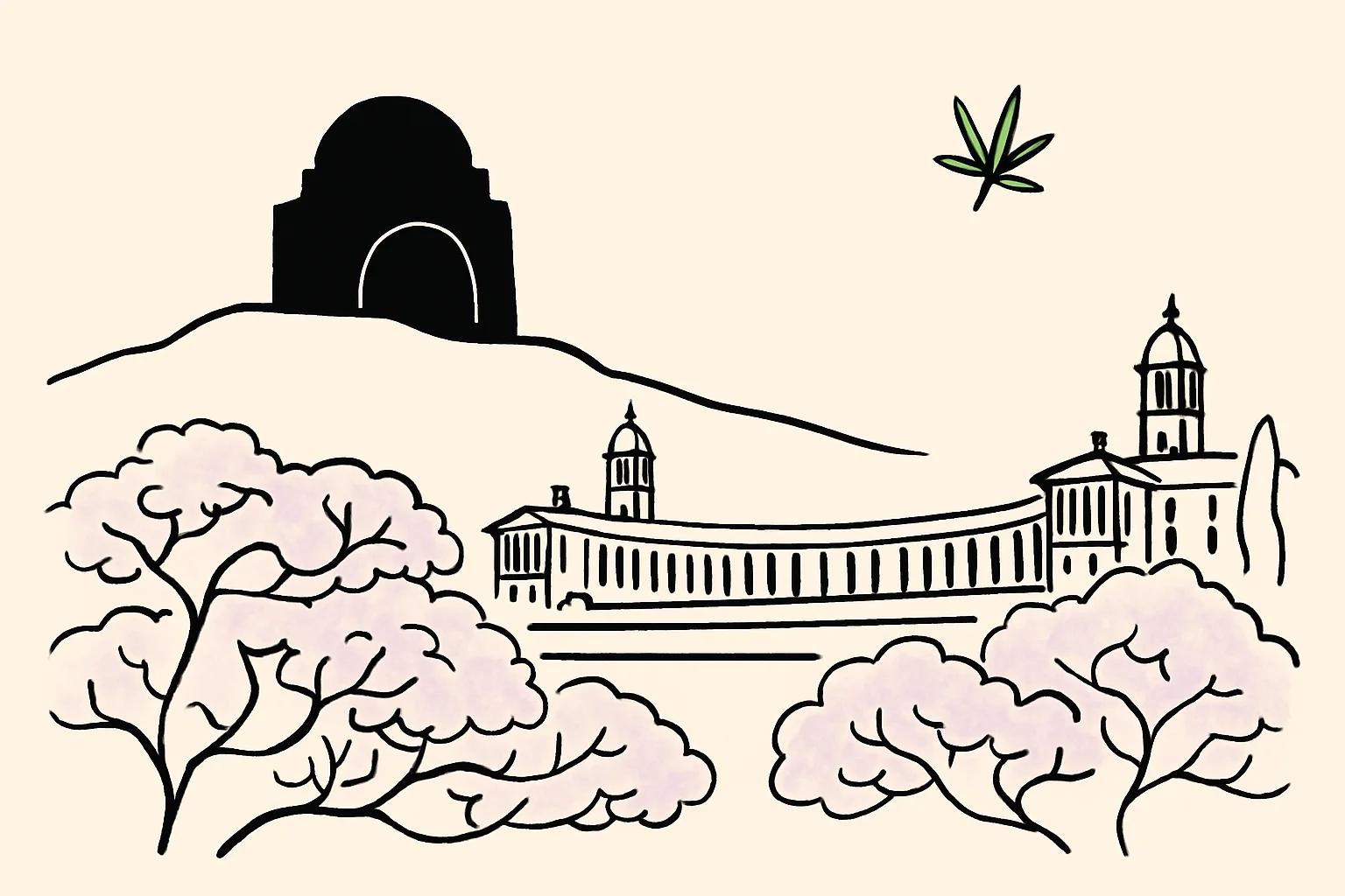 Line-art illustration of Pretoria with the Voortrekker Monument, Union Buildings and jacaranda canopy