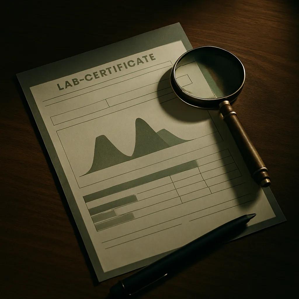 Stylised illustration of a Certificate of Analysis document with magnifying glass
