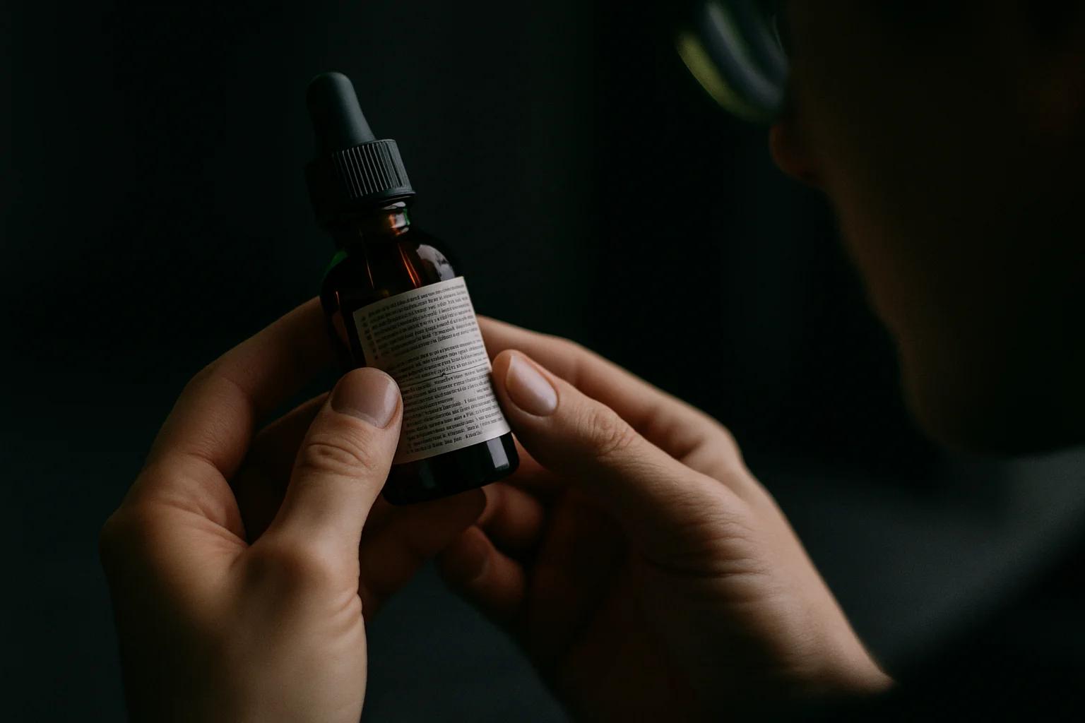 Hands holding an amber dropper bottle, reading the small-print label