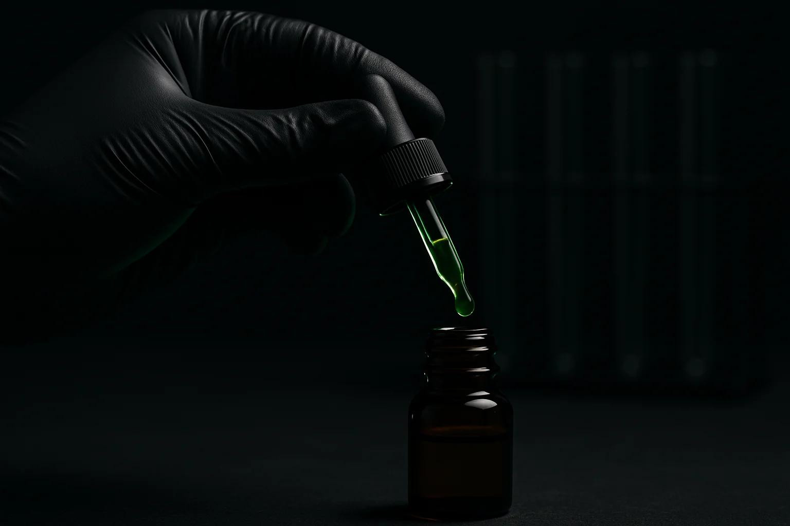 Gloved hand holding a pipette over an amber glass vial in a lab setting